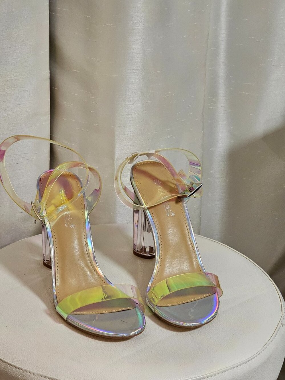 ShoeDazzle Iridescent Clear Strap Lucite Block Heel Sandals